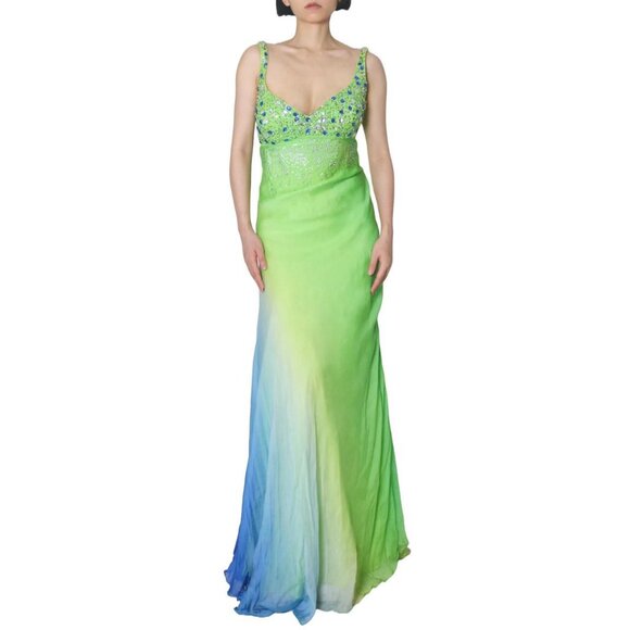 vtg Georgette Silk US 8 M Gemstone Beaded Cross Back Prom Gown Cocktail Dress - Picture 1 of 6